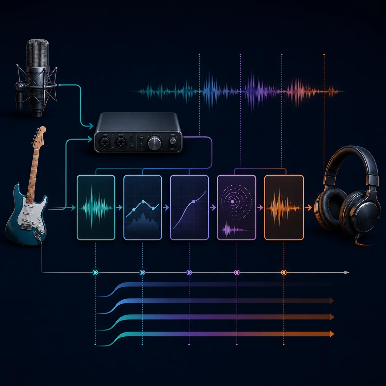 Redaktionelle Darstellung eines Audiosignals durch Interface, Verarbeitungsschritte und Kopfhörer