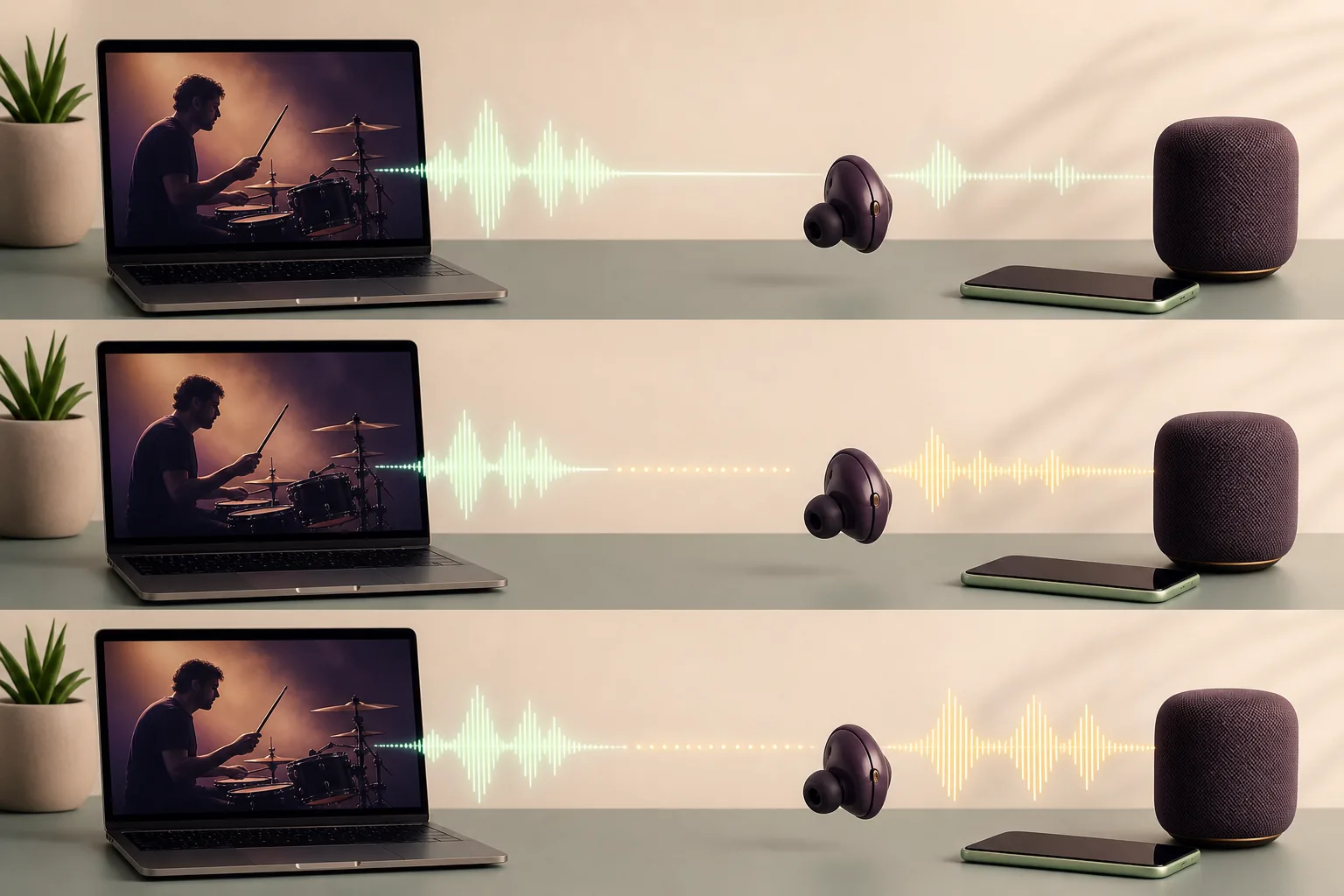 Conceptual diagram of audio timing from a laptop through Bluetooth earbuds to a speaker