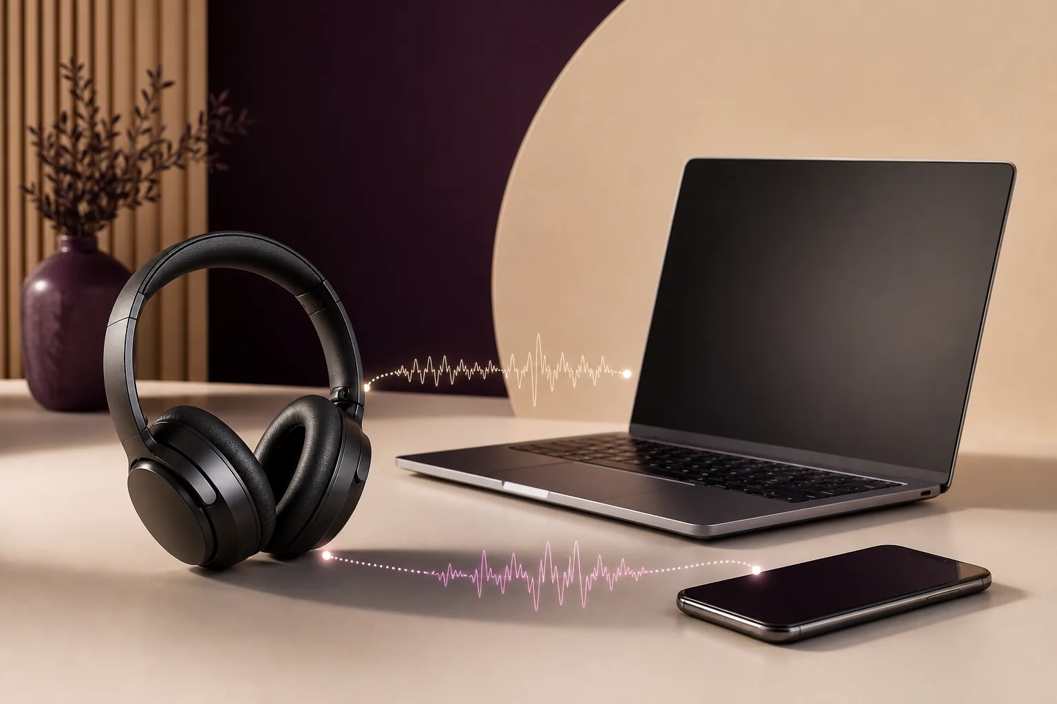 Bluetooth headphones beside a laptop and phone with wireless audio waveforms