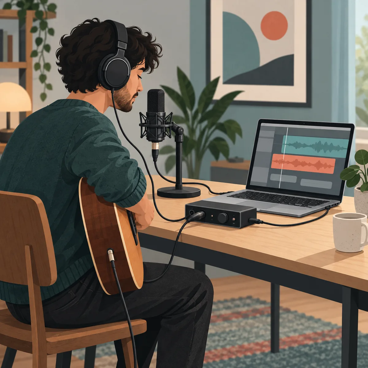 Illustration d’un enregistrement sur Mac avec microphone, interface audio et casque filaire