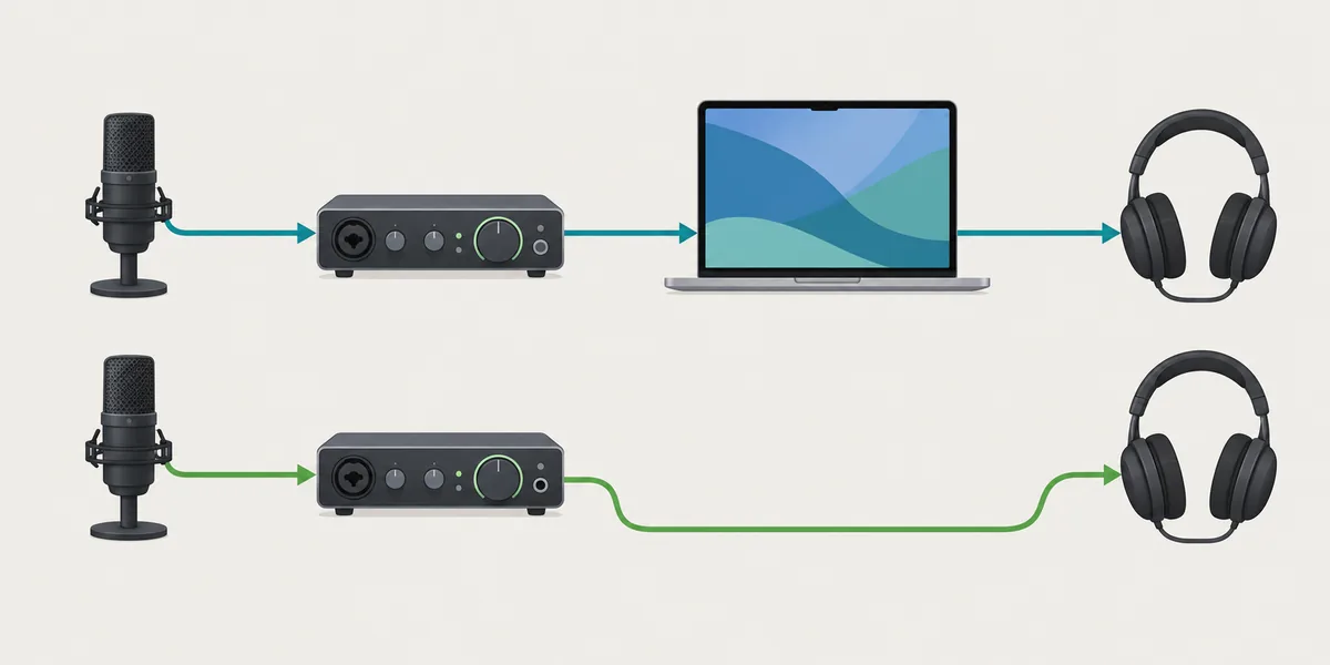 Comparaison entre un trajet de monitoring logiciel qui passe par un Mac et un retour direct plus court par l’interface audio