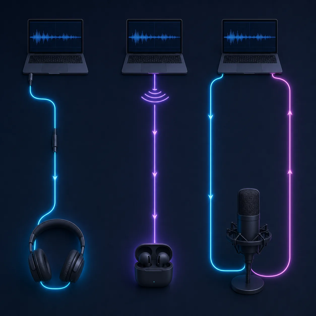 Comparação dos caminhos de áudio de fones com fio, fones Bluetooth e retorno do microfone