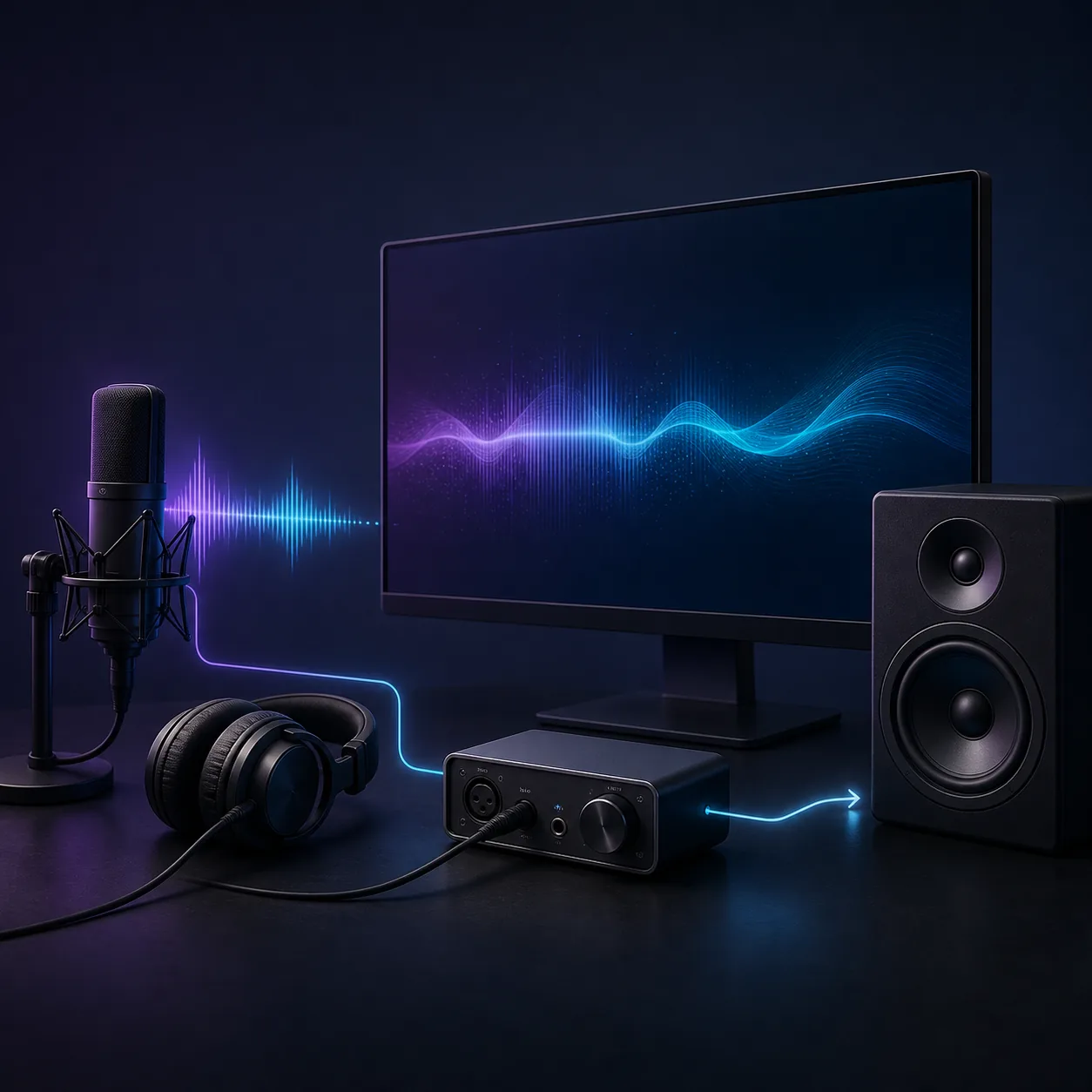 Computador de mesa com fones, microfone, interface USB e alto-falante ligados por um caminho de sinal de áudio