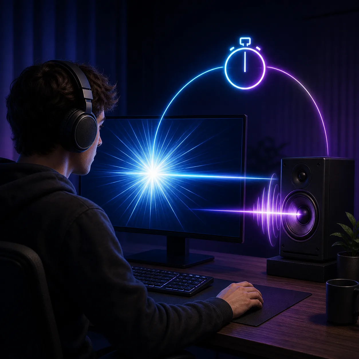 Pessoa testando o atraso de áudio do PC com fones enquanto o flash da tela e o pulso do alto-falante aparecem separados