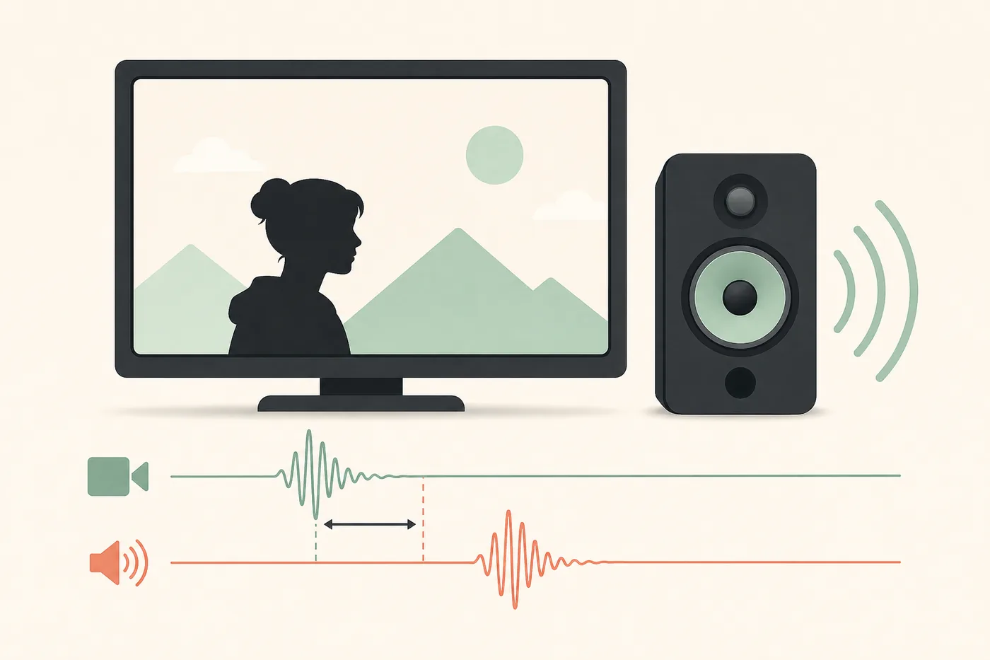 Editorial illustration showing a video cue and a speaker waveform arriving at different times