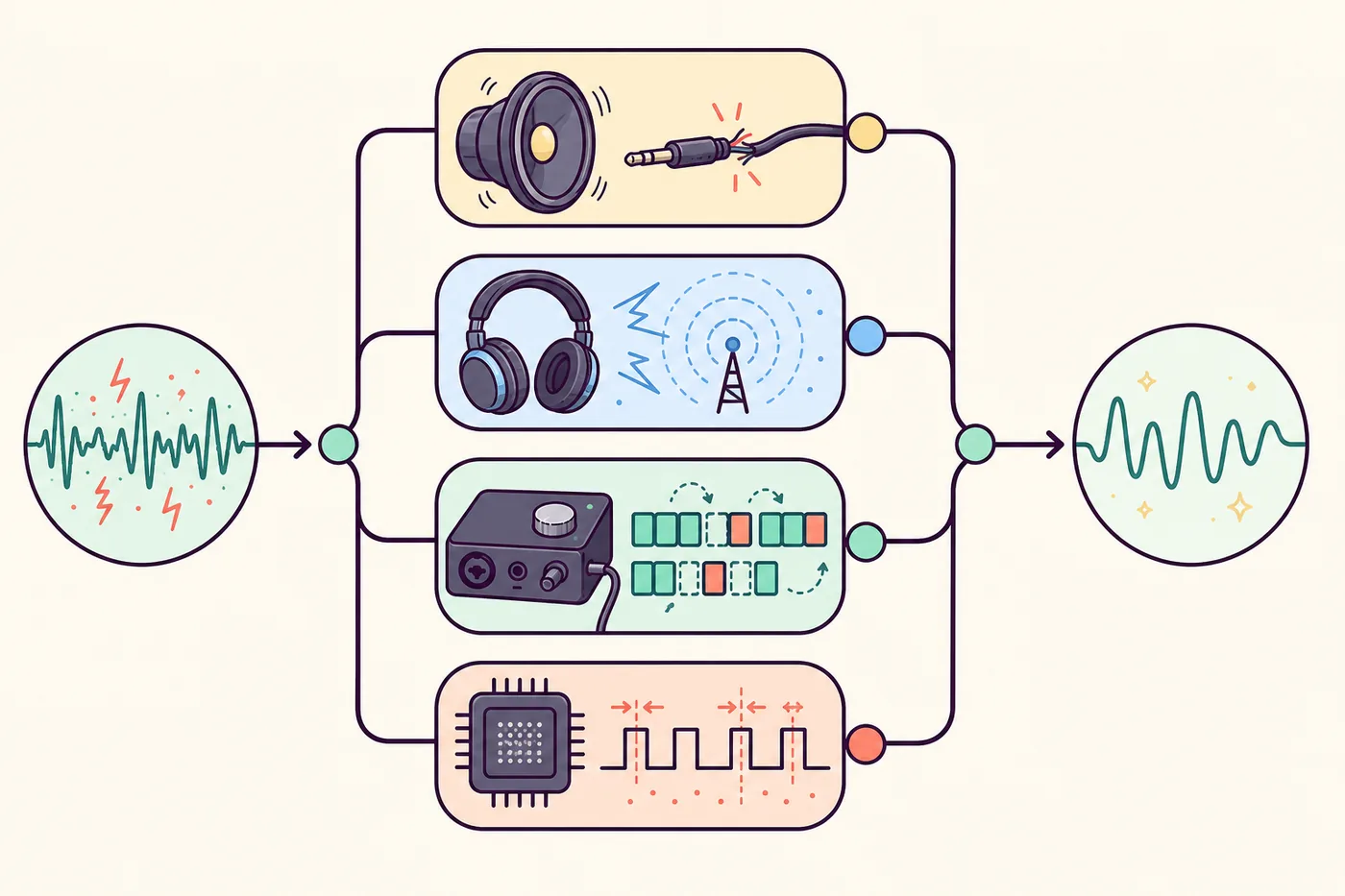 Diagramma delle cause di audio che gracchia tra altoparlante, Bluetooth, buffer e driver