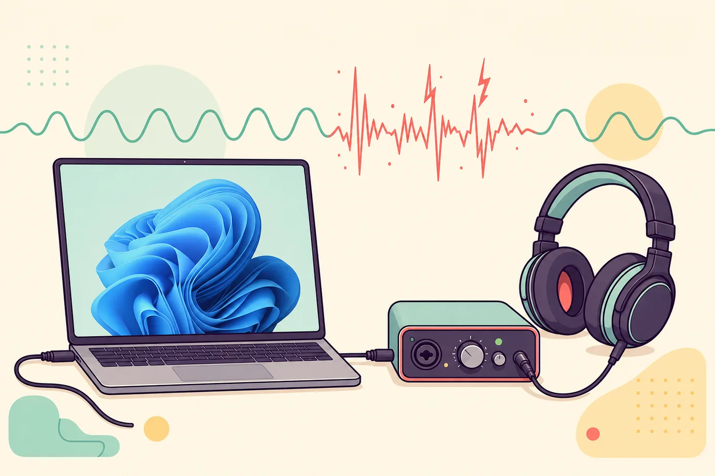 Illustrazione di portatile Windows 11, interfaccia audio, cuffie e forma d'onda disturbata