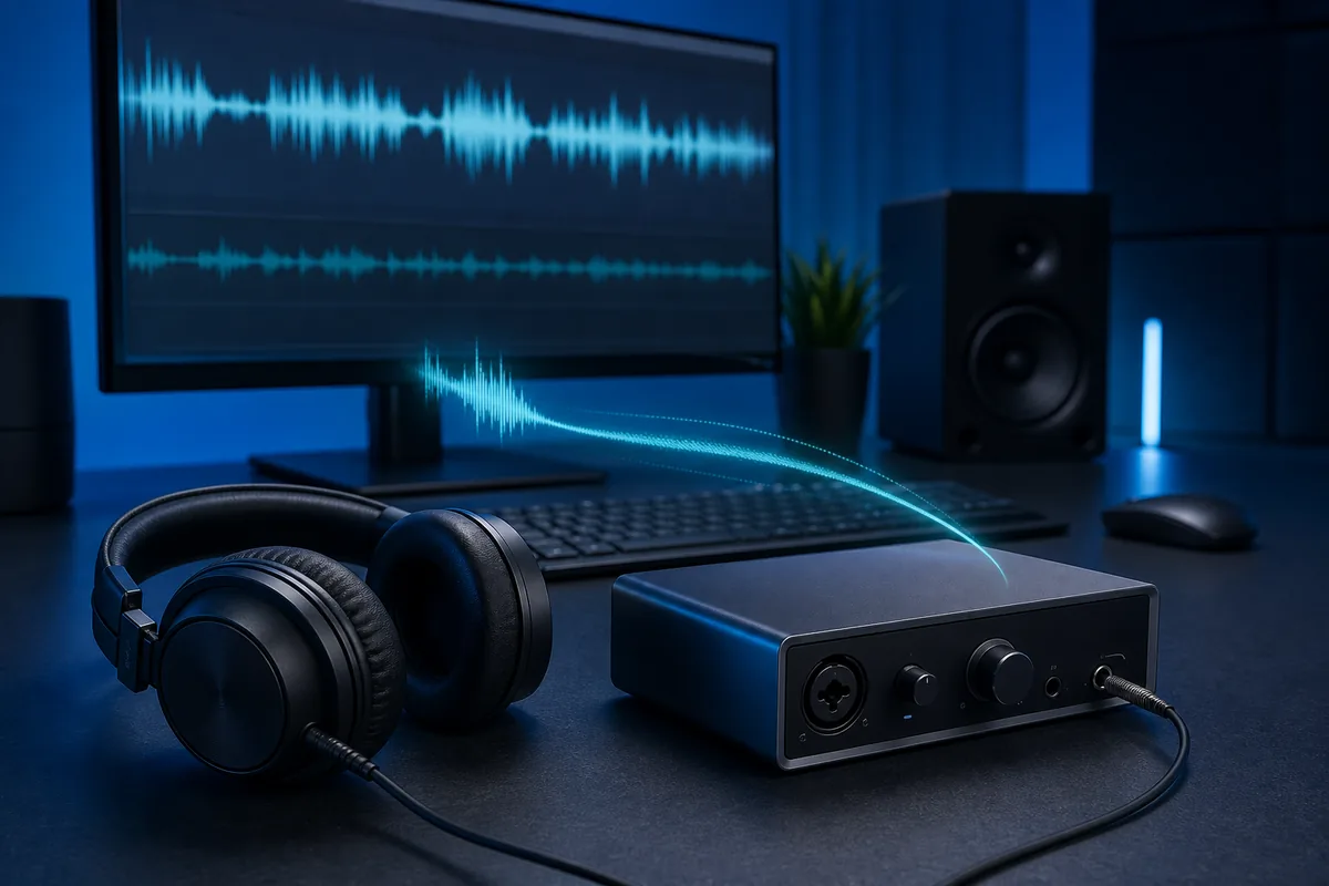 有線ヘッドホンとUSBオーディオインターフェースでWindows 11の音声遅延を確認する場面