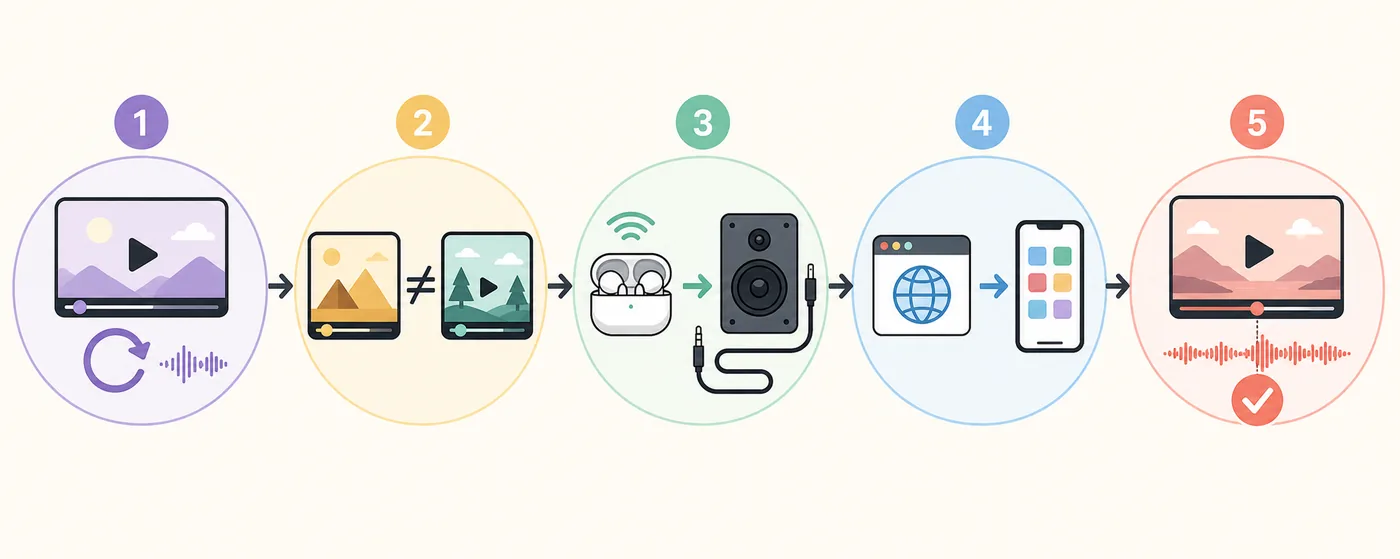 Five-stage visual flow for isolating a YouTube lip-sync problem