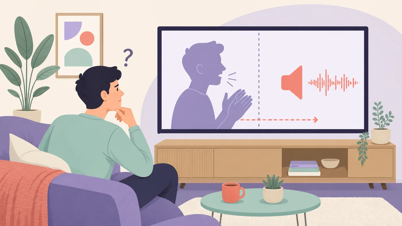 Editorial illustration of a viewer noticing delayed audio during video playback